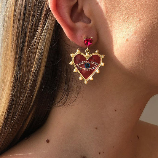 E9621 Jewelry Peach Heart Exaggerated Devil's Eye Earrings Drip Oil Micro-Inlaid Temperament Geometric Earrings