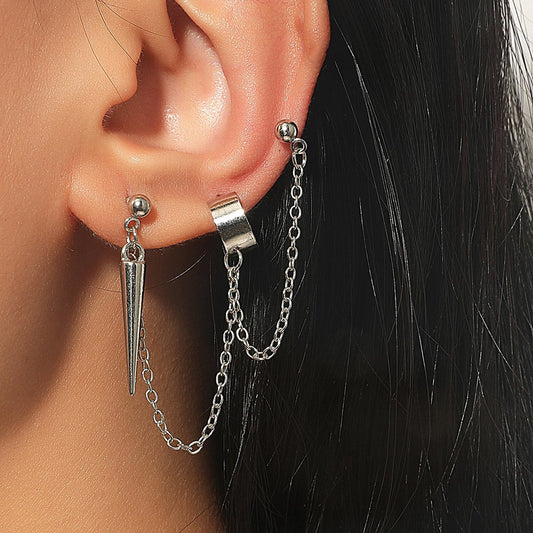 Frosty chain ear clip single long tassel pointed cone earrings earrings street punk earrings