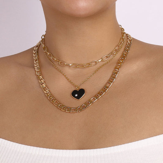 N1146 Necklace multi-layered hip-hop dripping oil heart necklace Cuban chain exaggerated necklace