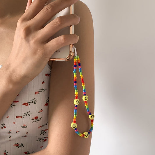 Jewelry Creative Smile Face Contrasting Color Rice Beads Beaded Mobile Phone Chain Simple Weaving Geometric Mobile Phone Ornament