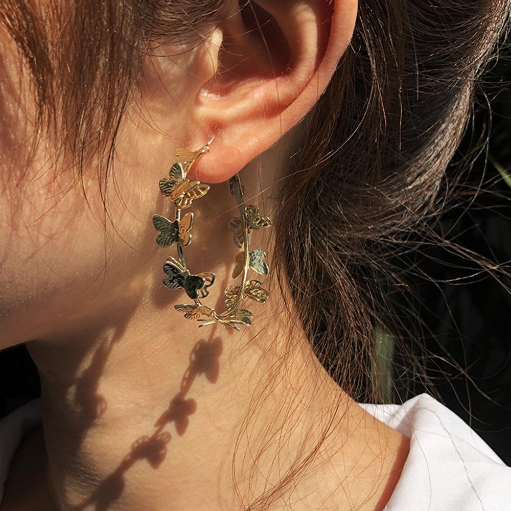 E8738 Mori Fairy Design Earrings Golden Butterfly Exaggerated Circle Earrings Street Catwalk Fashion Earrings