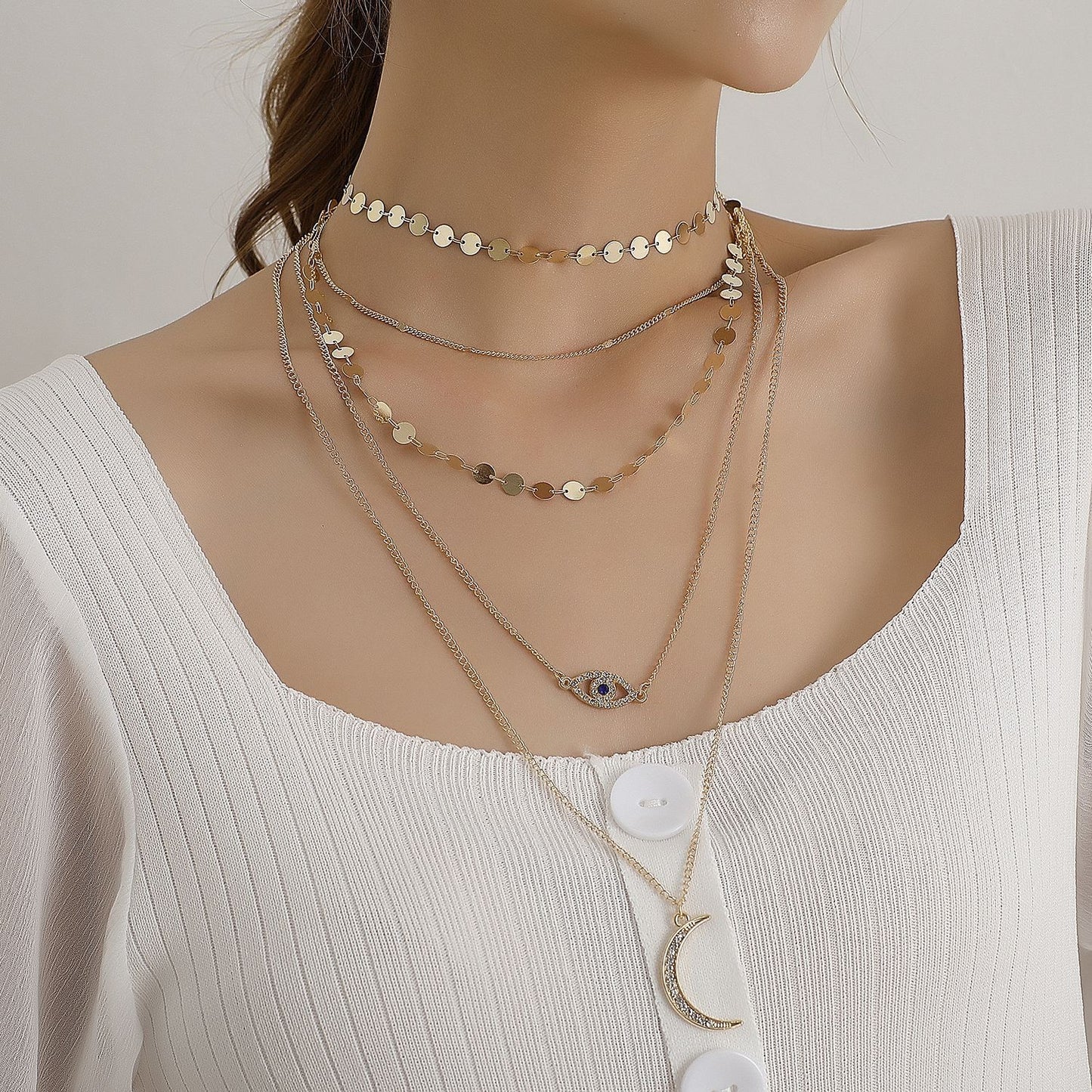 Jewelry Fashion Diamond Crescent Pendant Necklace Female Retro Multi-layer Round Geometric Sequins Necklace