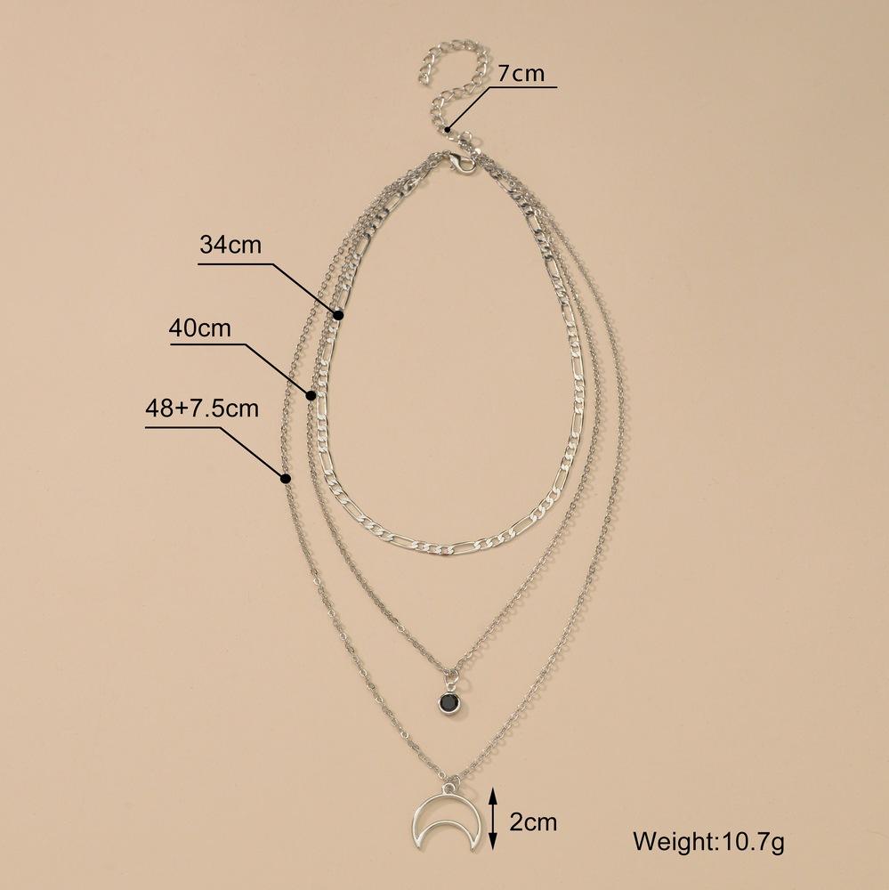 Fashion Retro Alloy Moon Black Bezel Diamond Pendant Necklace Multilayer Chain Clavicle Chain Jewelry