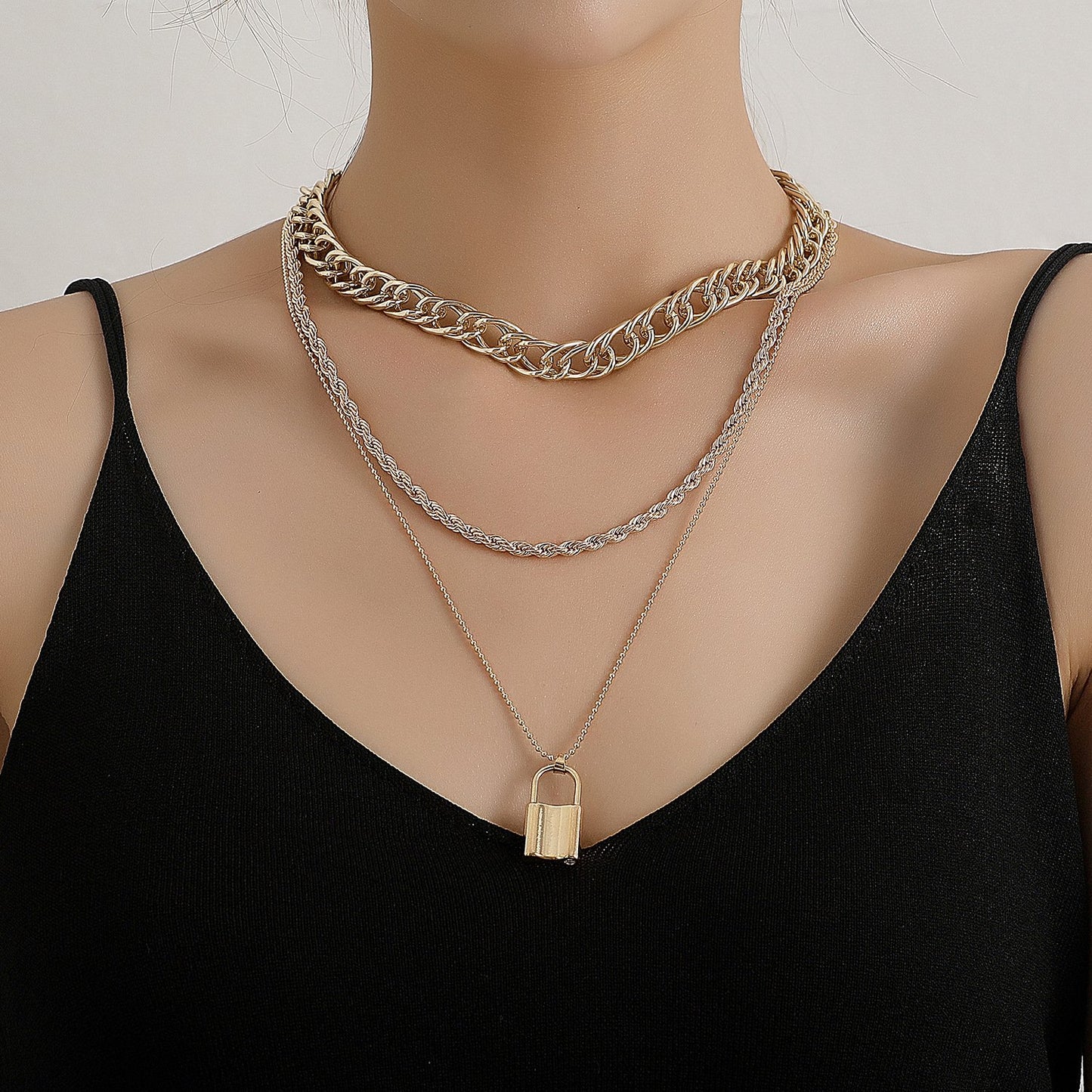 Jewelry Aluminum Alloy Thick Chain Key Hemp Rope Lock Necklace Ladies Versatile Multilayer Geometric Necklace