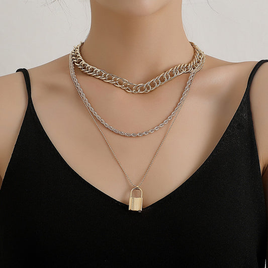 Jewelry Aluminum Alloy Thick Chain Key Hemp Rope Lock Necklace Ladies Versatile Multilayer Geometric Necklace