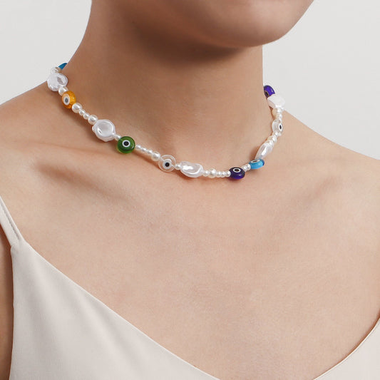 Jewelry Simple Single Layer Clavicle Chain Devil's Eye Necklace Retro Stitching Imitation Pearl Eye Necklace