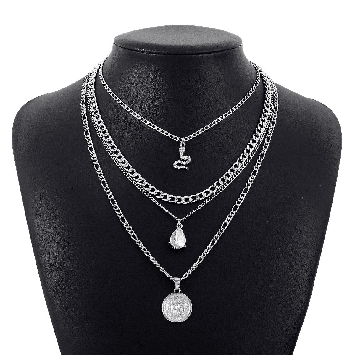 N168 punk snake-shaped stacked necklace disc LOVE water drop diamond personality retro multi-layer necklace