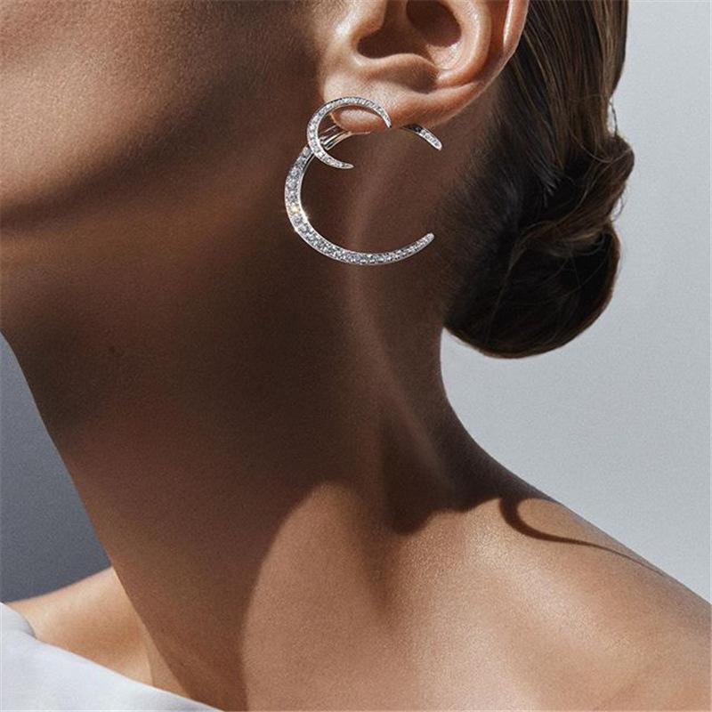 Fashion Plating White K Double Moon Earrings Retro Popular Rhinestone Alloy Stud Earrings Jewelry