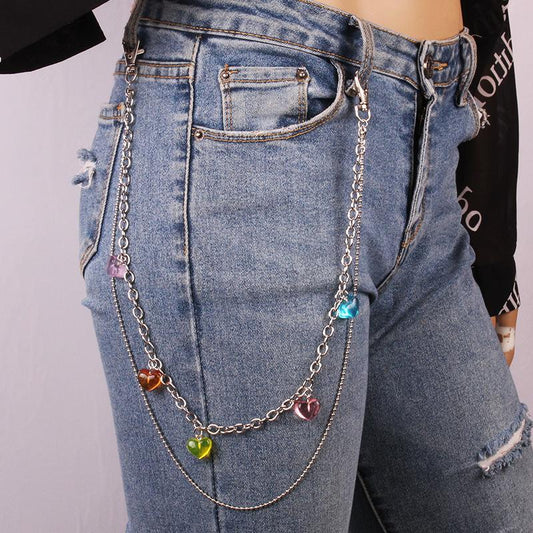 Ornaments are simple and white with resin color peach heart waist decoration cold hip-hop double-layer trouser chain