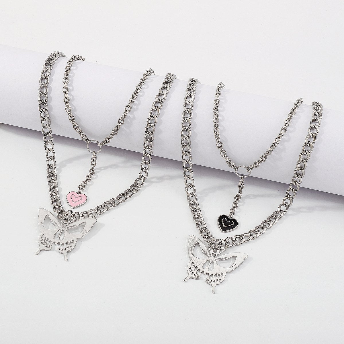 N9983 Exaggerated Punk Chain Necklace Creative Hollow Butterfly Drip Oil Heart Necklace Double Stacked Necklace