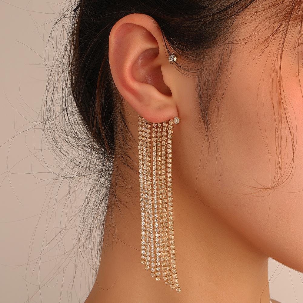 Fashion temperament long diamond tassel earring female niche design geometric C-shaped ear clip without ear piercing earrings