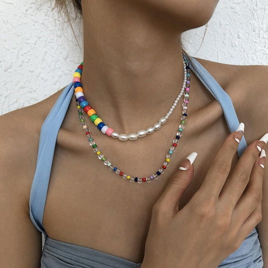 N9459 Bohemian Colorful Bead Necklace Imitation Pearl Resin Necklace Retro Hip Hop Double Layer Necklace for Women
