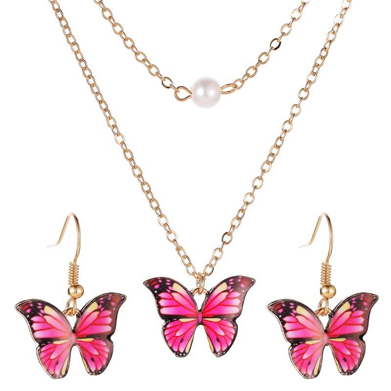 Set Butterfly Necklace Colorful Double Layer Pearl Butterfly Pendant Feminine Elegant Butterfly Earrings