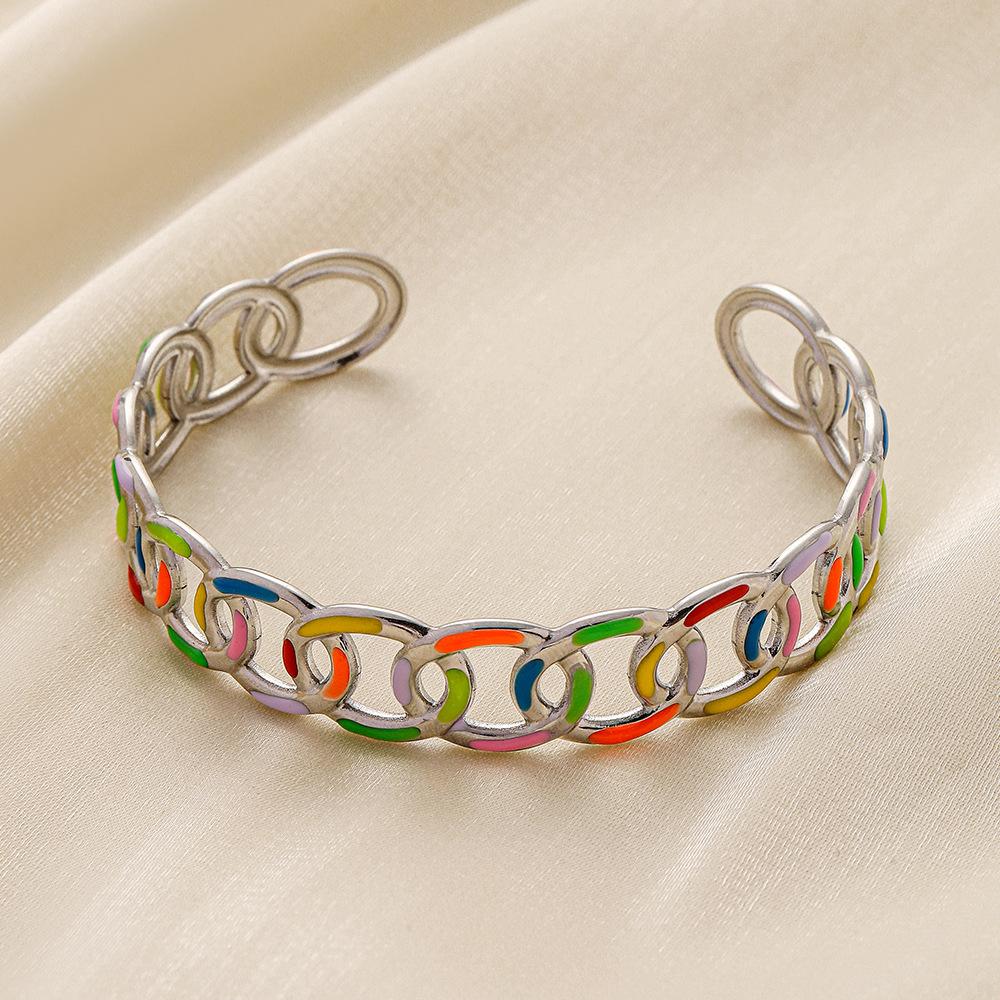 Simple fashion trendy design women's stainless steel opening color stitching O word painting oil bracelet