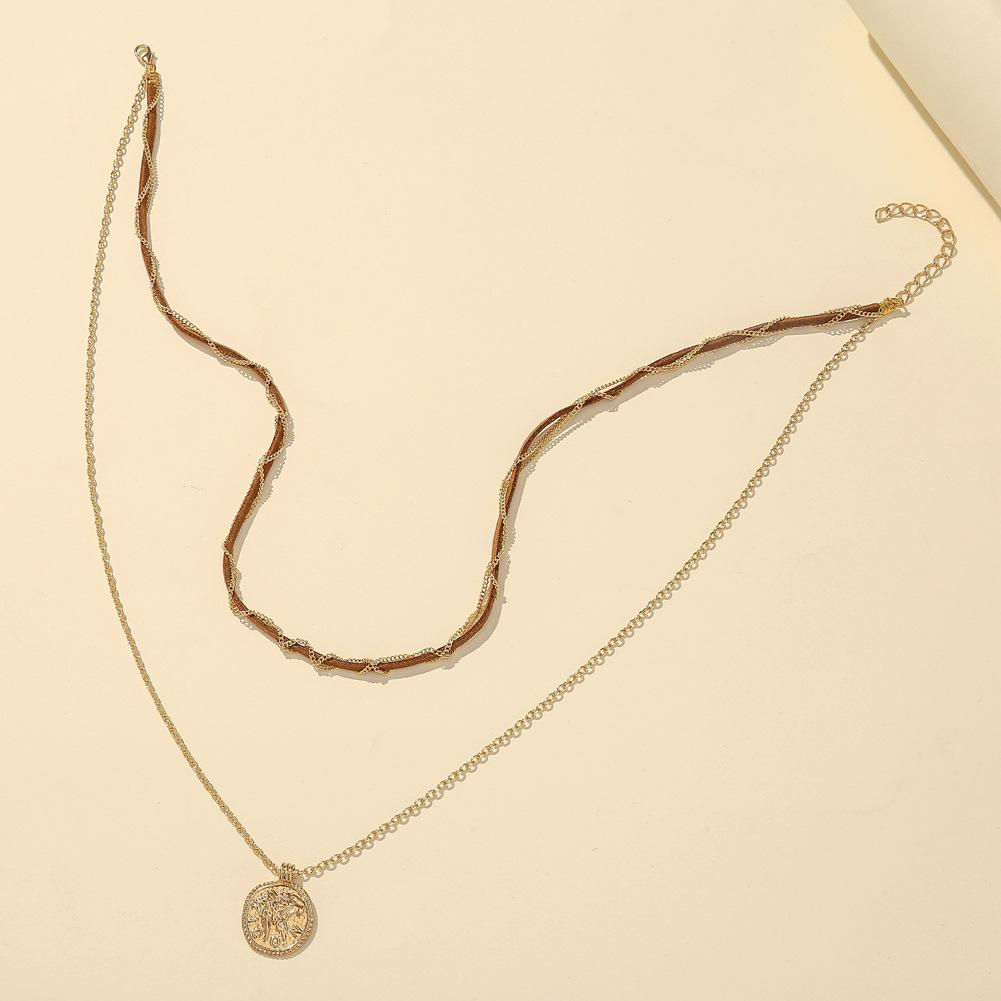 Ins simple personality double-layer suede rope chain winding coin pendant necklace clavicle chain female