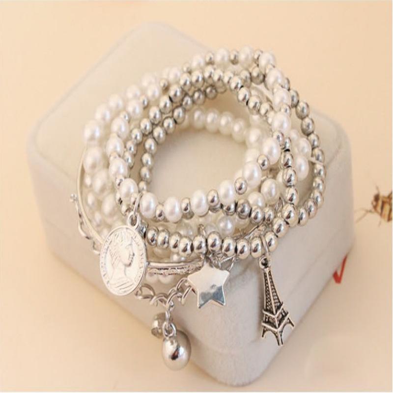 Multi-element Eiffel Tower Pearl Retro Bracelet Coin Six-piece Set Jewelry Multi-layer Elastic Bracelet