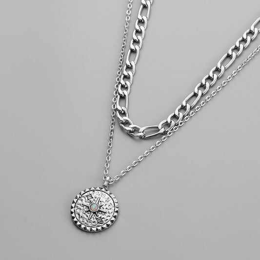 Trendy Men's Personality High Sense Simple Fashion Double Sun Hammer Pattern Coin Pendant Necklace Necklace