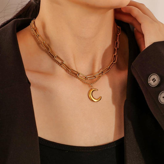 Jewelry niche light luxury titanium steel gold-plated moon pendant cold and simple choker necklace female