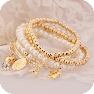 Multi-element Eiffel Tower Pearl Retro Bracelet Coin Six-piece Set Jewelry Multi-layer Elastic Bracelet