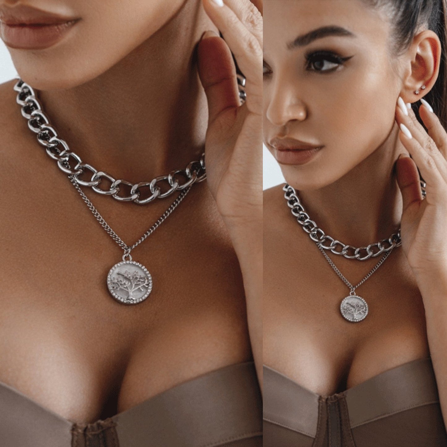 Double-layer thick aluminum chain geometric round diamond-studded tree of life black and white mother-of-pearl pendant necklace trendy cool all-match sweater chain women