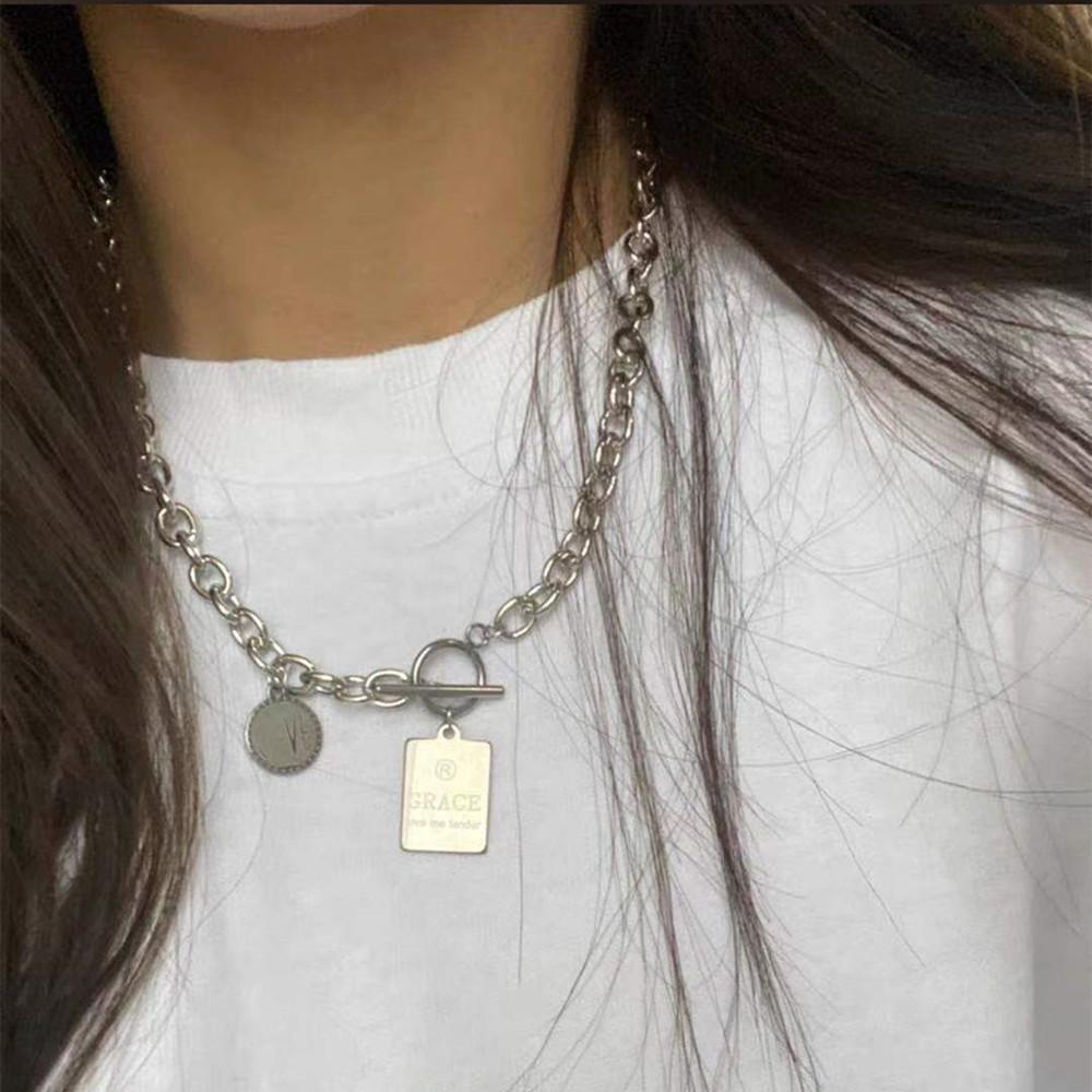 Harajuku dark round square brand combination letter stainless steel OT buckle necklace titanium steel clavicle chain tide for men and women