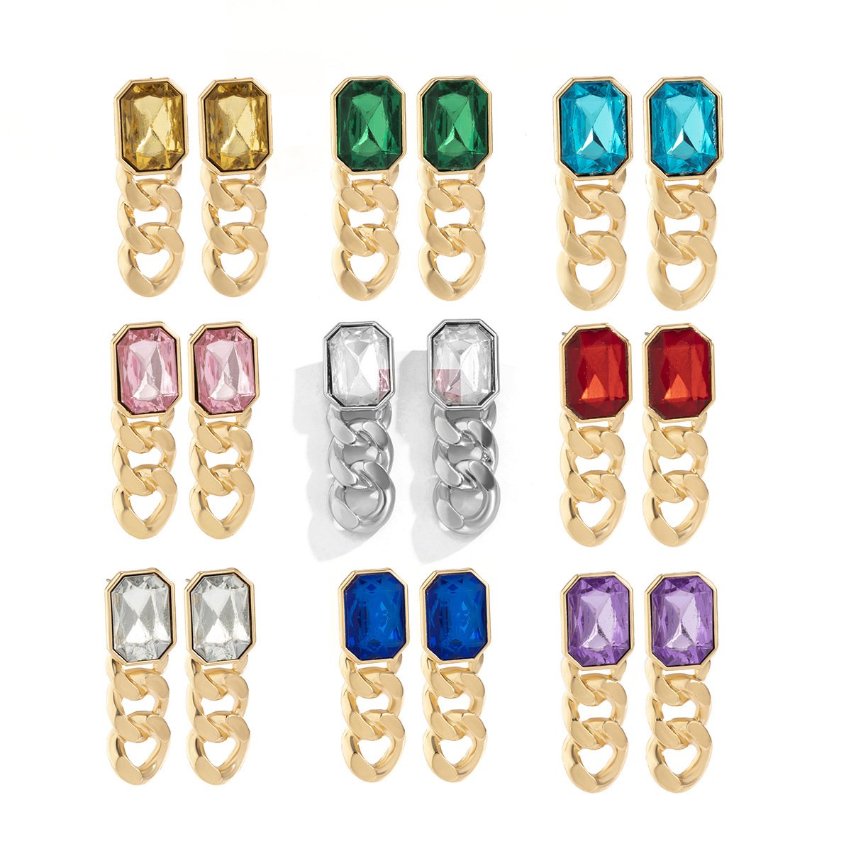 Jewelry temperament simple color imitation gemstone earrings female retro personality metal chain earrings