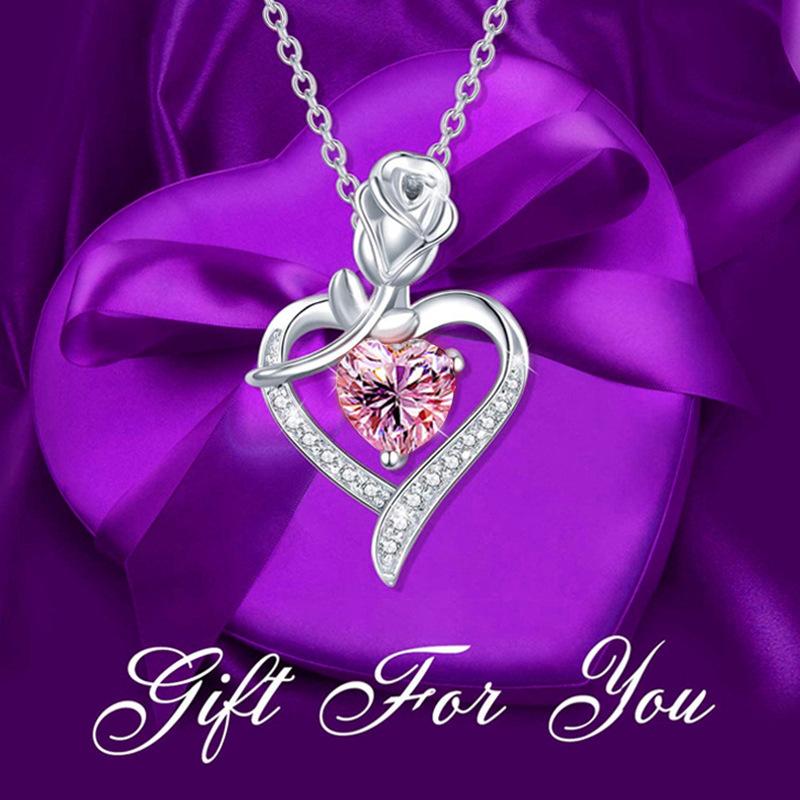 Fashion Women Rose Flower Heart Shape Diamond Pendant Necklace Mother's Day Gift Jewelry