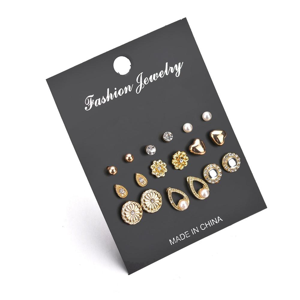 Popular Earrings Rhinestone Heart 9 Pairs Stud Earrings Set Combination