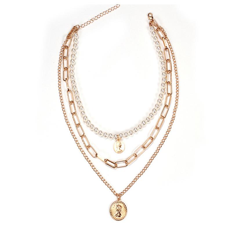 Elizabeth retro coin multi-layer necklace temperament all-match pearl embossed long sweater chain