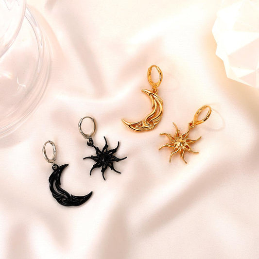 Simple sun and moon earrings personality asymmetrical abstract earrings short hollow star and moon earrings