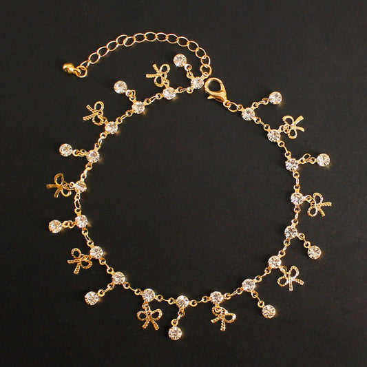 Women's Handmade Chain Fashion Gem Bow Knot Gold Anklet Design by Famous Designers