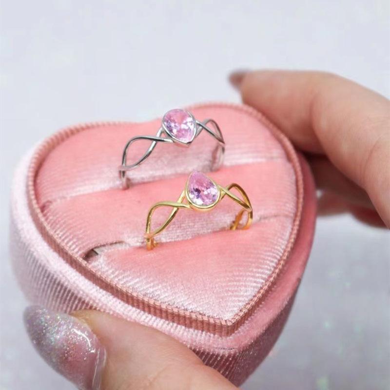 Barbie Rainbow Fairy Water Drop Ring Fashion Personality Pink Zircon Open Index Finger Ring Hollow Twist Ring