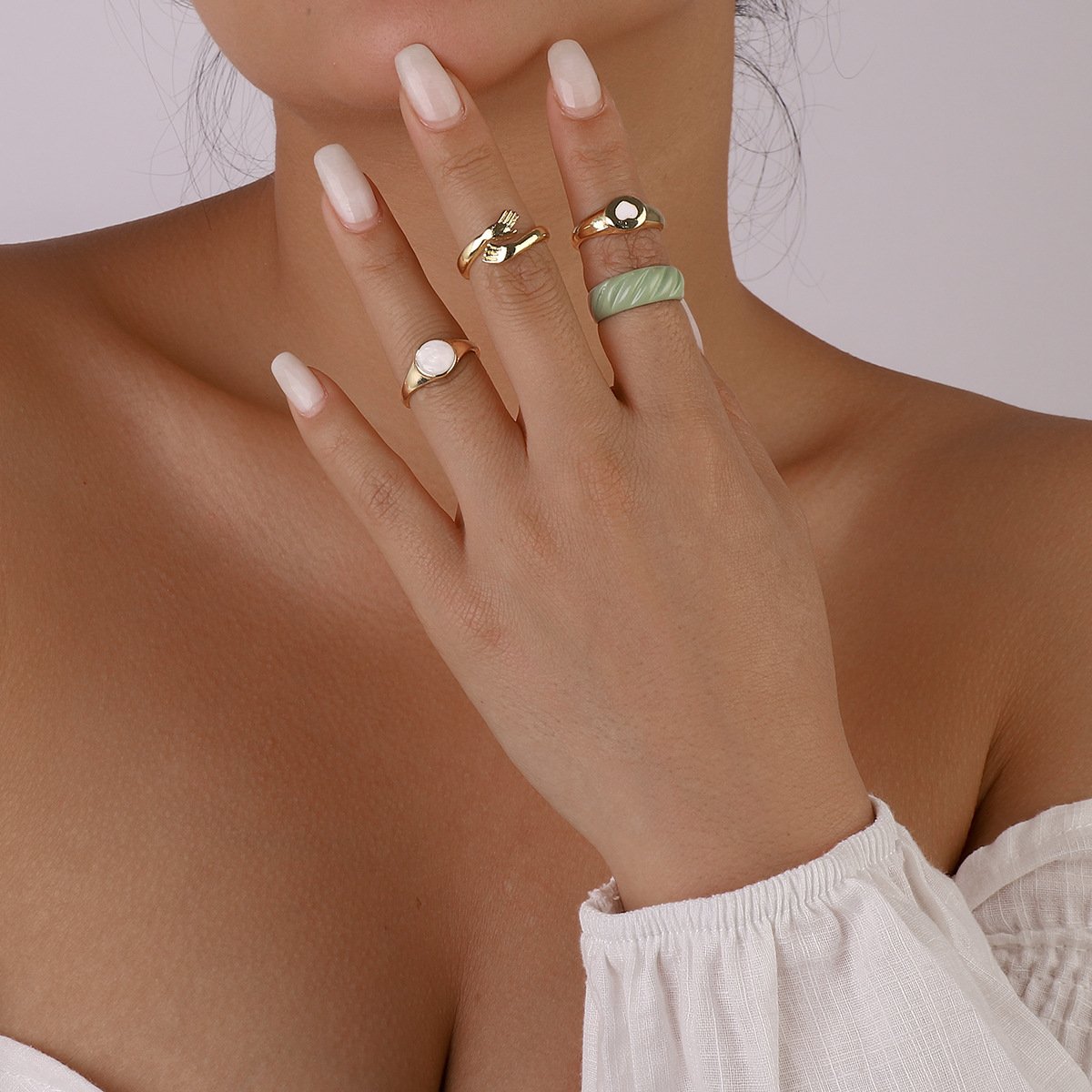 R769 Simple Ring Set Contrasting Color Creative Design Sense Small Palm Love Retro Joint Ring