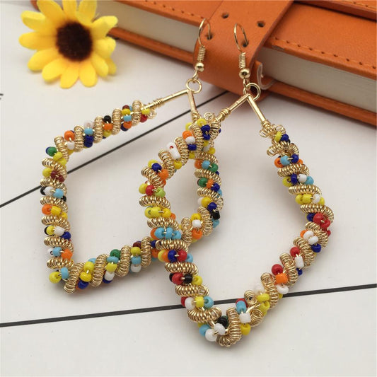 Bohemian color geometric earrings contrasting color rice beads twining peach heart five-pointed star exaggerated earrings for women