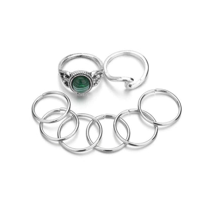 Fashion personality Bohemian ethnic ball turquoise alloy wave ring 8-piece set for women