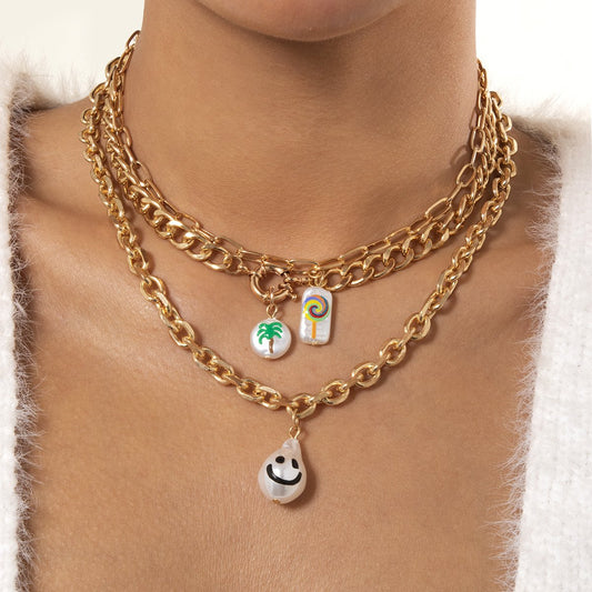 Jewelry Creative Color Graffiti Shaped Imitation Pearl Necklace Cherry Smile Color Chain Necklace