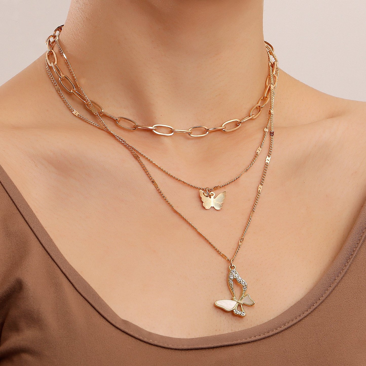 Jewelry colorful light luxury trend multi-layer back-shaped chain micro-inlaid mother-of-pearl butterfly pendant necklace female