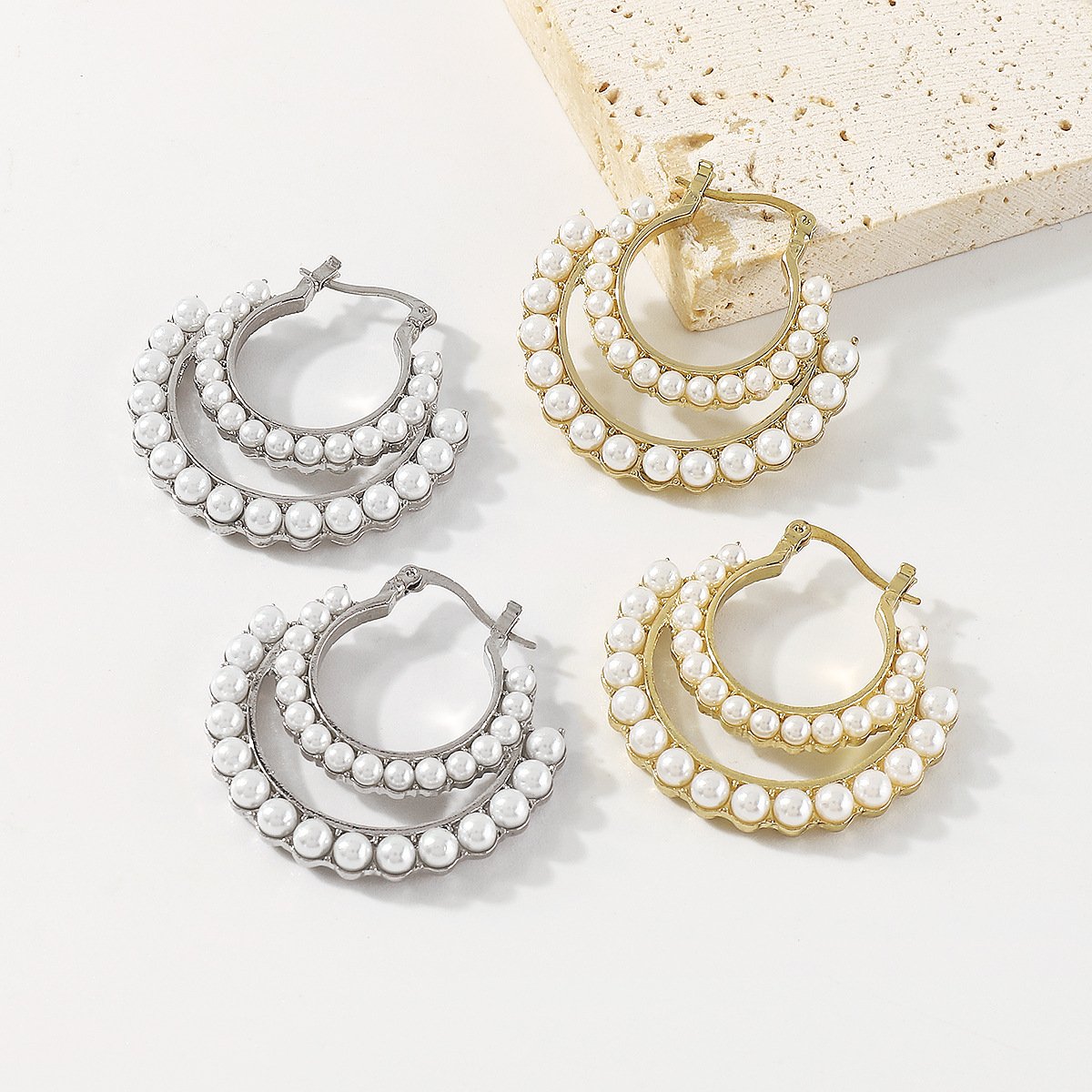 E1694 French retro palace elegant pearl earrings niche double-layer design geometric fashion earrings