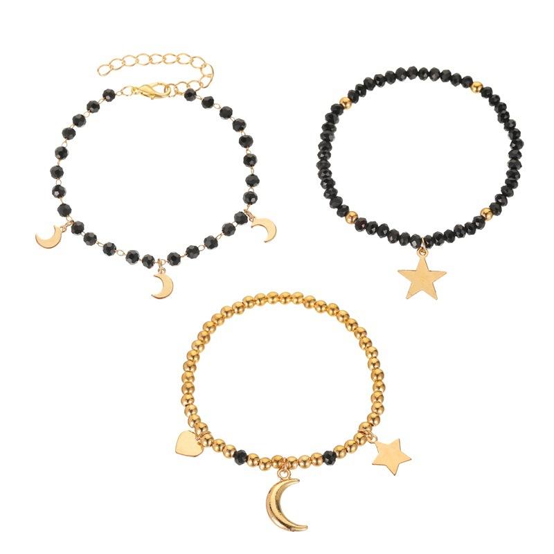 Fashion Three-piece Bracelet Handmade Black Beaded Star Moon Bracelet Popular Set Jewelry