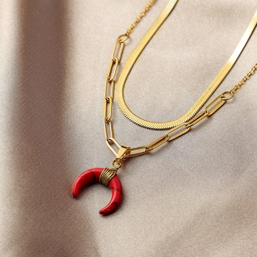 Specific light luxury design titanium steel double layer moon necklace flat snake chain collar turquoise crescent pendant necklace