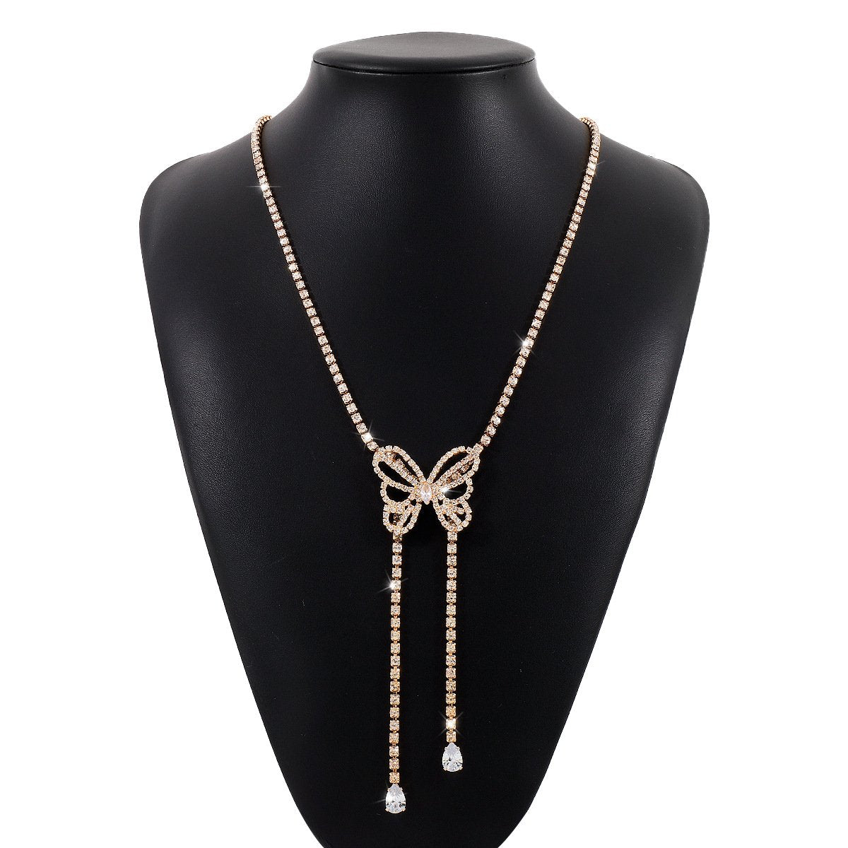 N182 Elegant Temperament Niche Retro Long Sweater Chain Butterfly Claw Chain Full Diamond Necklace for Lady