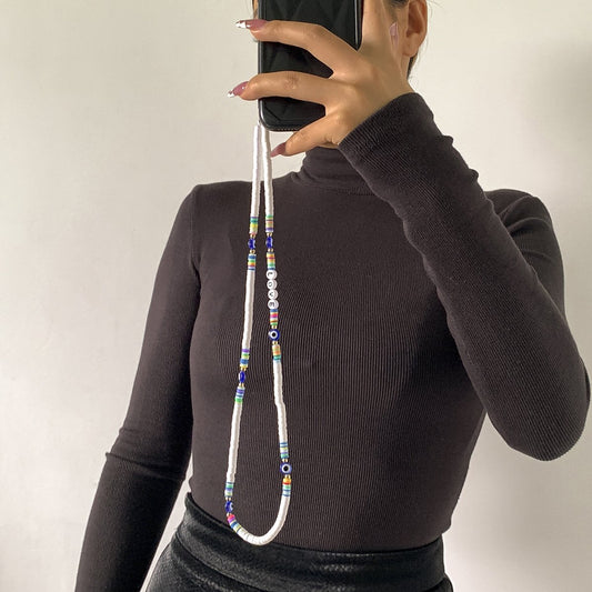 Jewelry Personality Eye Letter Beaded Hanging Neck Mobile Phone Chain Soft Pottery Weaving Geometric Mobile Phone Ornament