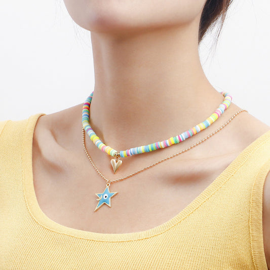Jewelry Bohemian colored soft pottery devil's eye shaped five-pointed star love necklace female