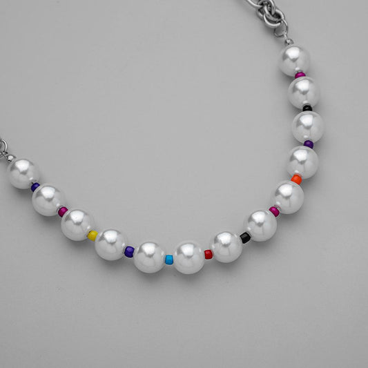 Trendy stainless steel chain pearl splicing geometric necklace titanium steel punk rock fashion atmosphere clavicle chain