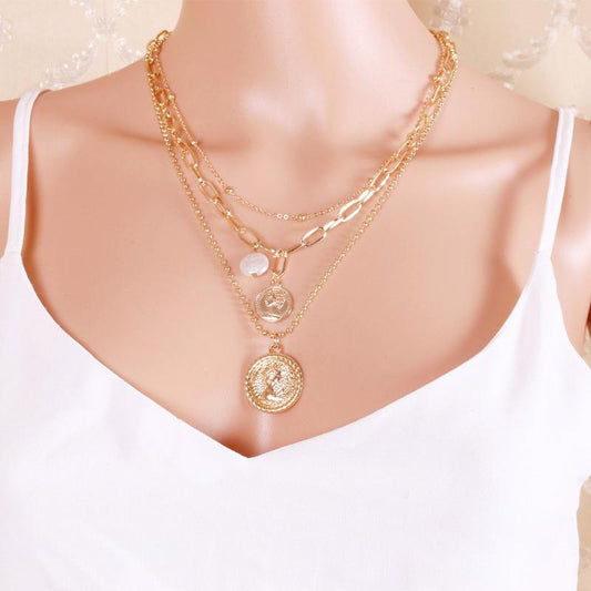 Jewelry Simple Baroque Portrait Embossed Necklace Female Alien Imitation Pearl Bead Chain Neck Necklace