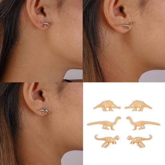 E1383 Small Geometric Stud Earrings Small Dinosaur Personality Retro Simple Metal Earring Set