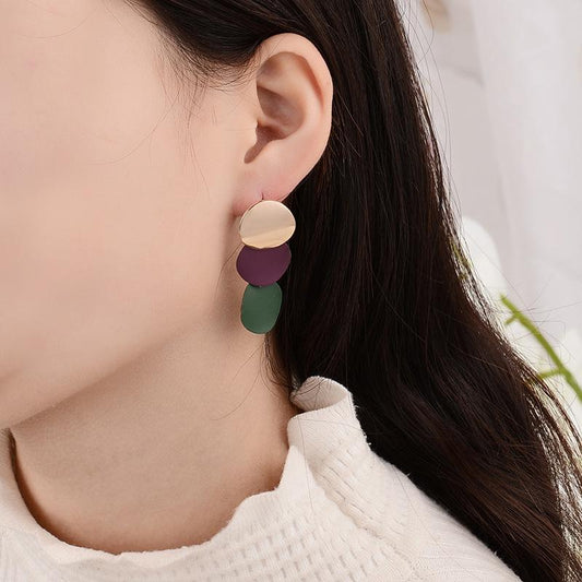 Retro fashion personalized metal disc matte splicing contrast color earrings earrings earrings slim face earrings earrings