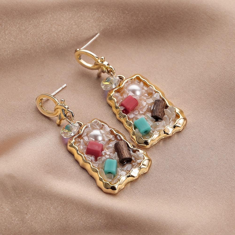 Retro Pearl Color Diamond Colorful Gravel Earrings Temperament Light Luxury Square Earrings Jewelry