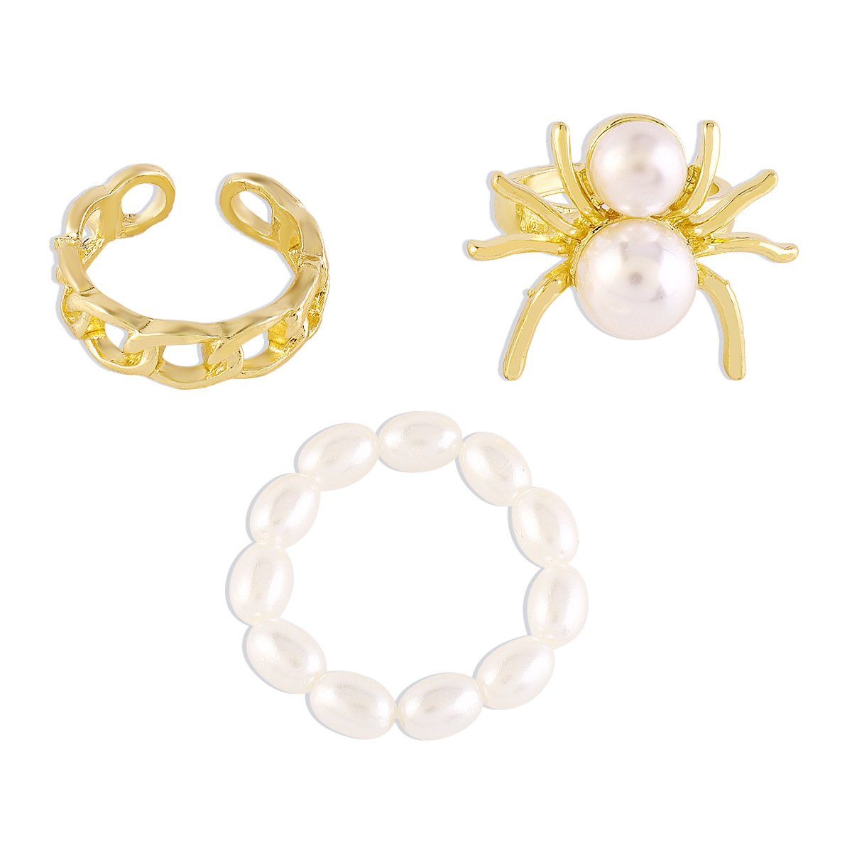 R763 Sweet Hand Jewelry Female Imitation Pearl Alloy Creative Chain Spider Ring Exaggerated Cold Ring