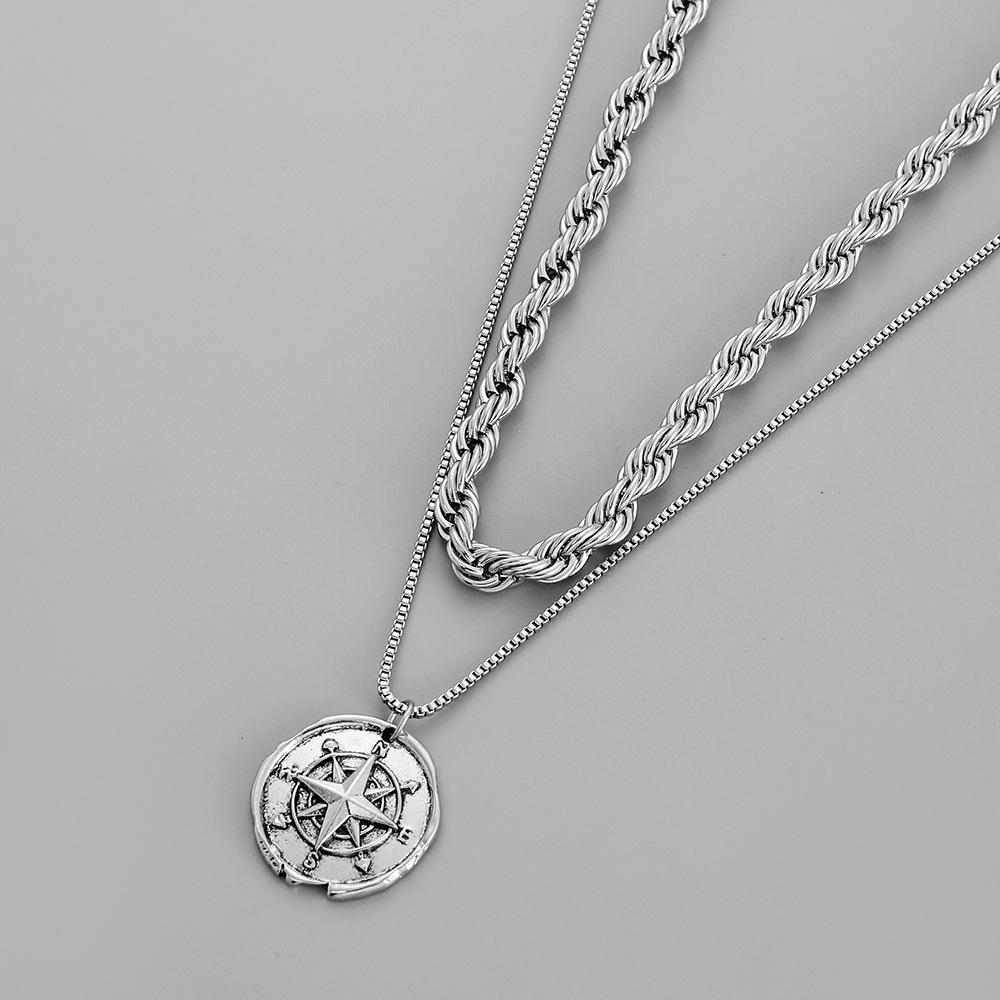 Simple personality niche fashion all-match trend men's double-layer compass retro coin twist chain necklace